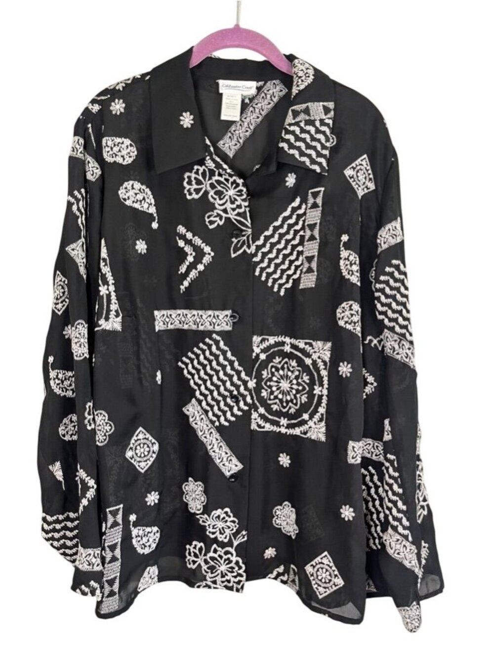 Coldwater Creek Sheer Embroidery Shirt 2X Boho Indie Folk Floral Geometric Artsy